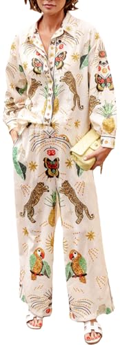 Sommer-Graffiti-Hosen-Set für Damen, Boho-bedruckt, 2-teiliges Pyjama-Set mit weitem Bein, Button-Down-Shirts, passendes Strand-Set, mehrfarbig (Gelb, M), merhfarbig, M von WLHHBO