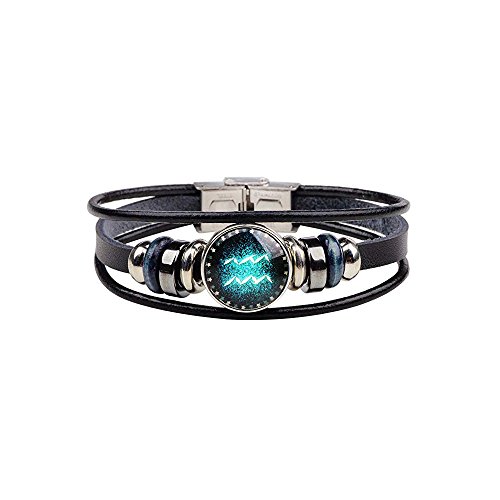 WLL Retro 12 Sternzeichen Sternbild Perlen handgewebt Lederarmband Punk Kette Manschette für Damen Herren, 8.3 inch, Zink WLL Retro 12 Sternzeichen Sternbild Perlen handgewebt Lederarmband Punk Kette Manschette für Damen Herren, 8.3 inch, Zink von WLL