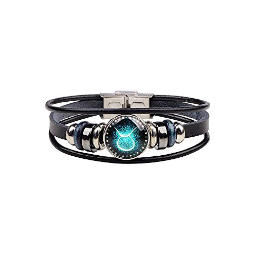 WLL Retro 12 Sternzeichen Sternbild Perlen handgewebt Lederarmband Punk Kette Manschette für Damen Herren, 8.3 inch, Zink von WLL