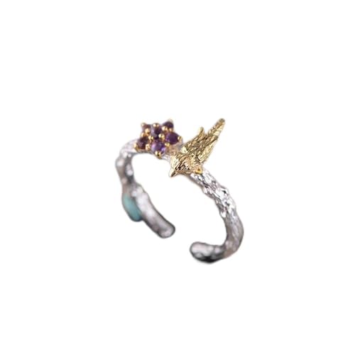 Ring Silber 925 Damen, Niedlicher Einfacher Retro-Vogel In Goldfarbe Lila Zirkonia Sterlingsilberring 925Er Sterlingsilberring Verstellbare Ringe Offene Ringe Fingerknöchel-Fingerring Schmuckgesch von WLLDDDIU