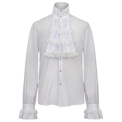 WLLDDDIU Herren Hemd, Herren Gothic Mittelalter Hemd Langarm Vintage Kostüm Top mit Jabot Kragen Wikinger Pirat Faltenmanschetten Hemd Lockere Passform Retro Renaissance Cosplay Bluse Tops Weiß L von WLLDDDIU
