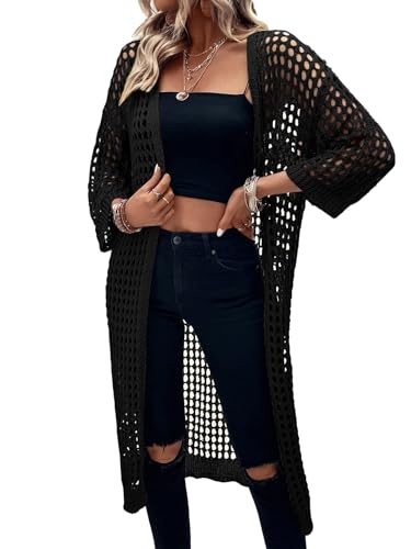 WLLDDDIU Langer Damen Cardigan leicht gestrickt ausgehöhlt Bolero Shrugs eleganter Kimono Cardigan mit 3/4 Ärmeln Boho Shrugs Strickjacke (DE/NL/SE/PL, Alphanumerisch, XL, Regular, Regular, Schwarz) von WLLDDDIU