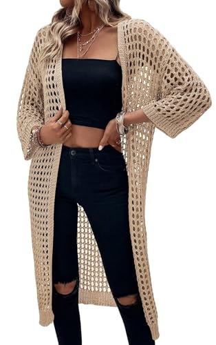 WLLDDDIU Langer Damen Cardigan leicht gestrickt ausgehöhlt Bolero Shrugs eleganter Kimono Cardigan mit 3/4 Ärmeln Boho Shrugs Strickjacke (DE/NL/SE/PL, Alphanumerisch, XXL, Regular, Regular, apricot) von WLLDDDIU