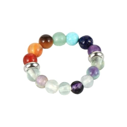 WLLDDDIU Natürlicher Fluoritring Kristallrunde Perlen 7Chakras Ring Damen Elastische Steinringe Reiki Balance Knöchel Fingerringe Ewigkeitsring Für Frauen Mädchen Männer von WLLDDDIU