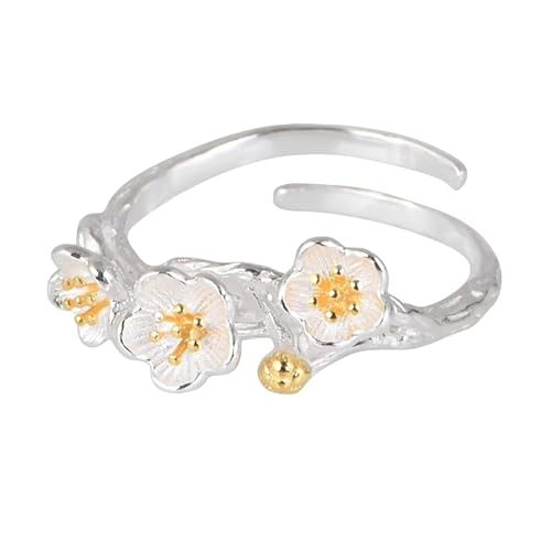 WLLDDDIU Ring Aus 925Er Sterlingsilber,925 Sterling Silber Ringe für Frauen Mädchen Zierlicher Vergoldeter Pflaumenblütenzweig Verstellbarer Offener Ring Schmuck für Dinnerparty Hochzeit Fingerr von WLLDDDIU