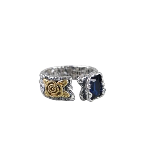 WLLDDDIU Ring Silber 925 Damen,Offene Verstellbare Ringe für Damen Aus 925Er Sterlingsilber, Retro Ring mit Eingelegter Blauer Rose Im Used Look, Edelsteinschmuck für Die Ewigkeit, Versprechen, Ho von WLLDDDIU