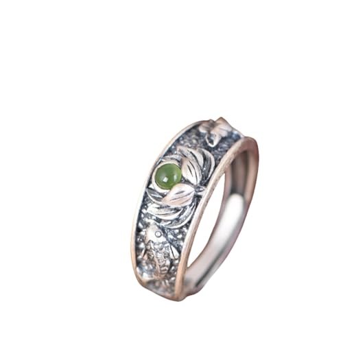 WLLDDDIU Ring Silber 925 Damen,Offene Verstellbare Ringe für Damen Aus 925Er Sterlingsilber Im Retro Stil mit Oxidiertem Koi Fisch und Lotus, Eingelegtem Jaspis, Bandschmuck für Paare, Freundschaf von WLLDDDIU