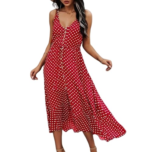 WLLDDDIU Sommerkleider,Damen Sommer Spaghettiträgerkleid Ärmellos Boho Polka Dot Print Knopf V Ausschnitt Geteiltes Tunikakleid Eleganter Camisole Rock Lässig Fließender Rüschensaum Strand Somm von WLLDDDIU