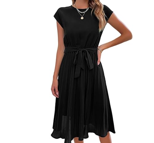 WLLDDDIU Swing Kleidsommer-Midi-Wickelkleid für Damen, Rundhalsausschnitt, Kurze Ärmel, Einfarbig, Plissiertes Kleid, Elegantes (DE/NL/SE/PL, Alphanumerisch, L, Regular, Regular, Schwarz) von WLLDDDIU
