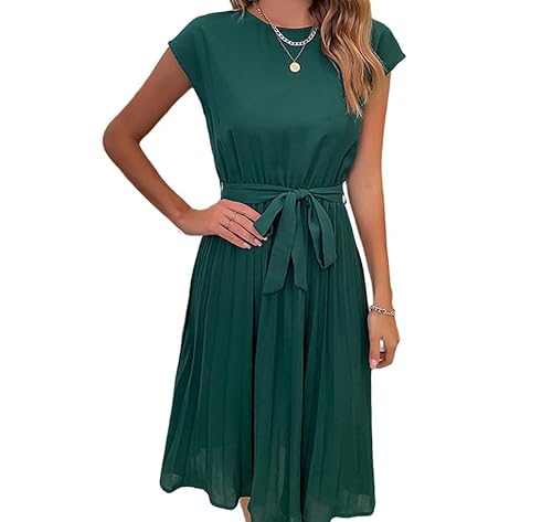WLLDDDIU Swing Kleidsommer-Midi-Wickelkleid für Damen, Rundhalsausschnitt, Kurze Ärmel, Einfarbig, Plissiertes Kleid, Elegantes (DE/NL/SE/PL, Alphanumerisch, XXL, Regular, Regular, Dark Green) von WLLDDDIU
