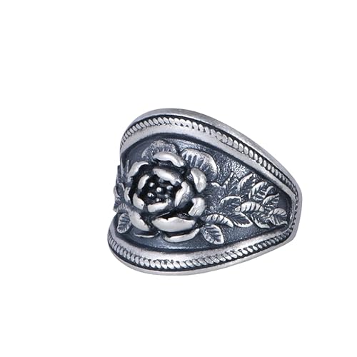 WLLDDDIU Verstellbarer Ring,925 Sterling Silber Pfingstrose Verstellbare Offene Ringe für Frauen Retro Distressed Handgefertigtes Blumen Daumenband Ethno Stil Breiter Fingerreif Schmuck Geschenke f von WLLDDDIU