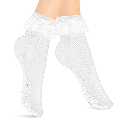 WLLHYF 1 Paar Weiße Spitzen Rüschensocken Söckchen für Damen Mädchen Söckchen mit Spitzenbesatz Weiße Undurchsichtige Rüschen mit Baumwolle Prinzessinnen Stil hübsches Kleid Socken von WLLHYF