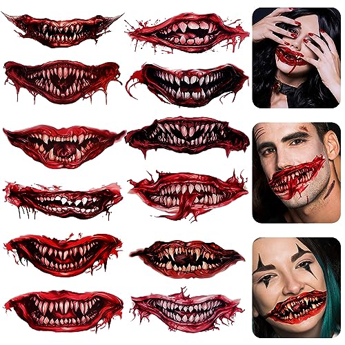 WLLHYF 12PCS Halloween Temporäre Tattoo Aufkleber 3D Horror Mund Make-Up Gesicht Gefälschte Tattoos Aufkleber Kit Gruselige Halloween Gesicht Temporäre Tattoos Für Frauen Männer von WLLHYF