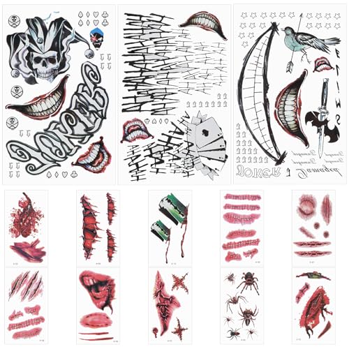 WLLHYF 13 Blatt Joker Tattoos Halloween Temporäre Tattoos Wasserdichte Fake Gesicht Tattoo Aufkleber Klebetattoos Erwachsene Clown Kostüm Make Up Cosplay Party Zubehör von WLLHYF