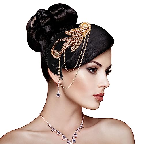 WLLHYF 1920er Jahre Flapper-Stirnbänder, Vintage-Strass-Haarband, Kristall-Perlen-Stirnbänder, Feder-Kopfschmuck, Gatsby-Party-Haarschmuck für Frauen und Mädchen (Kette – Golddiamant) von WLLHYF