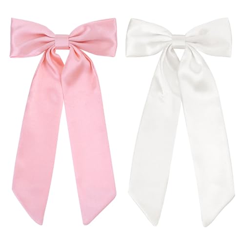 WLLHYF 2 PCS Big Bow Hair Clips Weiche Bowknot Hair Pins Französische Long Tail Hair Barrettes Pferdeschwanz Halter Dias Vintage Headwear Party Hochzeit Haar Zubehör für Frauen Mädchen (Weiß+pink) von WLLHYF