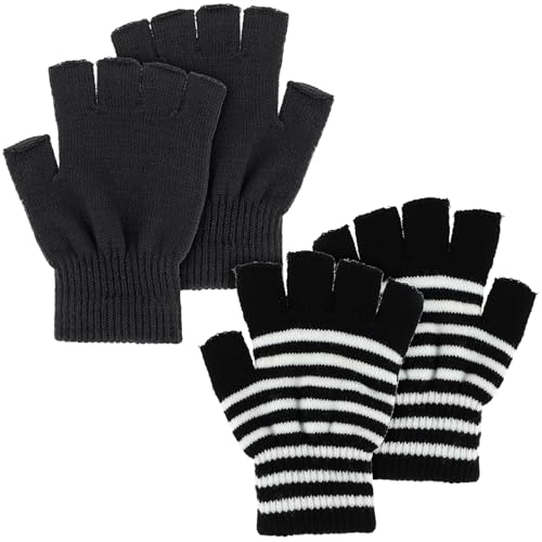 WLLHYF 2 Paar Halbfingerhandschuhe, Winter Dehnbar Gestrickt Halbfinger-Touchscreen-Fäustlinge Fingerlose Kaltes Wetter Thermisch Warm für Männer Frauen (Schwarz + Schwarz-Weiße Streifen) von WLLHYF