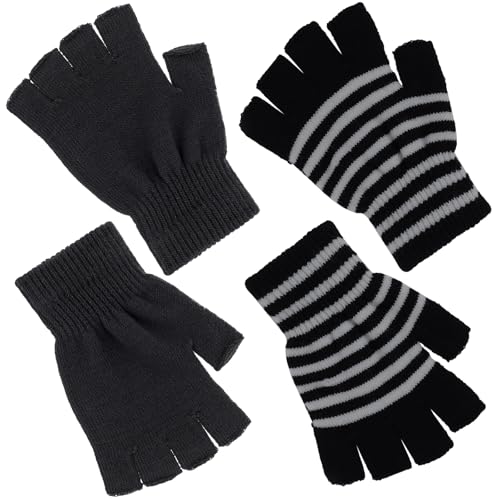WLLHYF 2 Paar Halbfingerhandschuhe Winter Dehnbar Gestrickt Halbfinger Touchscreen Fäustlinge Fingerlose Kaltes Wetter Thermisch Warm für Frauen Männer (Schwarz + Schwarzgraue Streifen) von WLLHYF