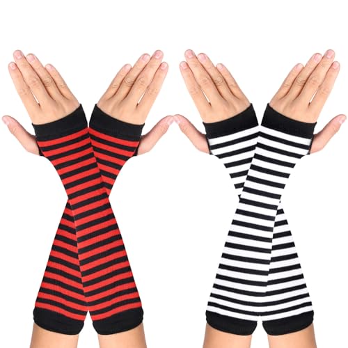 WLLHYF 2 Paar Kaschmir-Feel-Handgelenk-Fingerlose Handschuhe, mit Daumenloch Winter-Strick-Fingerlose Handschuhe Armstulpen Fäustlinge für Damen und Herren (Schwarz-weiße Streifen + rote Streifen) von WLLHYF