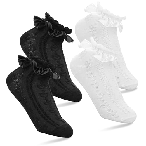 WLLHYF 2 Paar Rüschen Socken Damen Weiche Baumwolle Spitzen Socken Crew Atmungsaktive Prinzessin Knöchelsocken für Damen Mädchen Sport Freizeit von WLLHYF