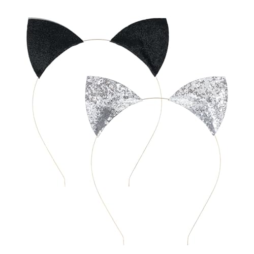 WLLHYF 2 Pcs Glitter Katze Ohren Stirnbänder, Halloween Katzen Ohr Haar Reifen Spangen Niedlicher Ohr-Kopfschmuck für Frauen Mädchen Halloween Kostüm Party Cosplay von WLLHYF