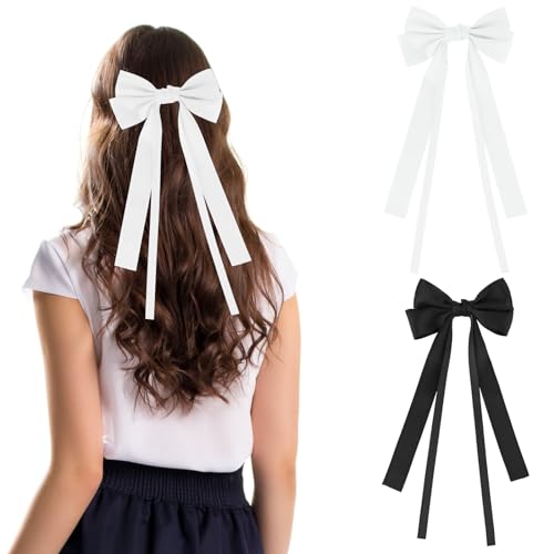 WLLHYF 2 Stück Satin-Haarschleifen mit langem Schwanz Französisches Band Haarspangen schwarz-weißes Seidige Haarband Bow Hair Clip Metallklammern Accessoires für Damen Mädchen Kinder von WLLHYF