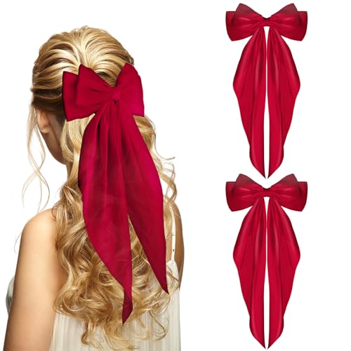 WLLHYF 2 Stück Haare Ribbon Langer Schwanz Französisch Big Haar Bögen Haare Barrettes weiche silky satin metall bogenknoten clips Pferdeschwanzhalter Haarzubehör für Frauen Mädchen (Rot) von WLLHYF