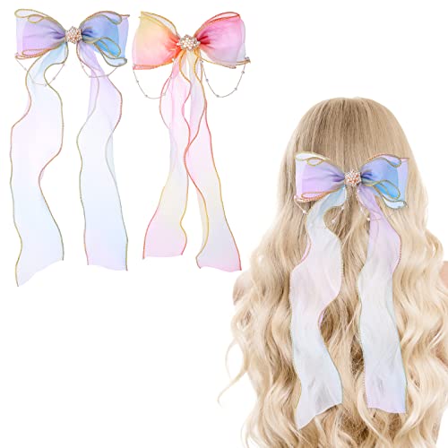 WLLHYF 2 Stück Haarschleifen für Mädchen Buntes Band Prinzessin Perle Quasten Stickereiband Mädchen Haarspangen Zubehör für Mädchen Kinder Frauen Prinzessin Hochzeit Geburtstagsfeier (Blau+Rot) von WLLHYF