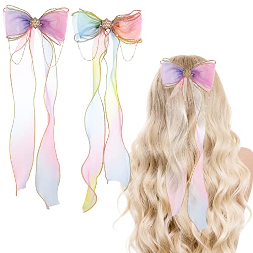 WLLHYF 2 Stück Haarschleifen für Mädchen Buntes Band Prinzessin Perle Quasten Stickereiband Mädchen Haarspangen Zubehör für Mädchen Kinder Frauen Prinzessin Hochzeit Geburtstagsfeier (Lila+Gelb) von WLLHYF