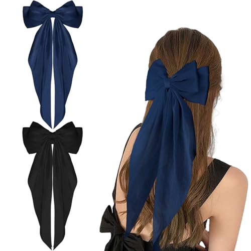 WLLHYF 2 Stück Haarspangen mit großer Schleife weicher seidiger Satin-Haarspange langer Schwanz französisches Band Haarnadeln 90er-Jahre Bowknot-Clips für Party Weihnachten Frauen (Schwarz+Marineblau) von WLLHYF