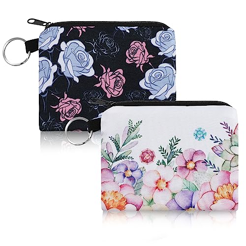 WLLHYF 2 Stück Reißverschluss-Wechseltasche, Blumen-Münztasche, Segeltuch, praktische Geldbörse, Reise-Kulturbeutel, Organizer, Geldbörse, Schlüsselanhänger, Brieftasche, Federmäppchen (Stil 2) von WLLHYF