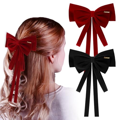 WLLHYF 2 Stück Haarspangen mit großer Schleife langer Schwanz französisches Band Haarnadeln weiche Bowknot-Clips Samt-Haarschleifen Metallklammern für Frauen Damen Party Weihnachten Schwarz Rot von WLLHYF