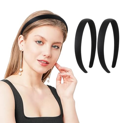 WLLHYF 2 Stück Satin-Stirnbänder Halloween 2 cm breit hartes Kopfband modisches solides Stirnband rutschfest einfarbig Haarbänder DIY-Haarschmuck für Frauen Mädchen Weihnachten (2cm Schwarz) von WLLHYF