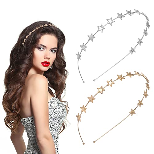 WLLHYF 2 Stück Stern-Stirnbänder Weihnachten Stern-Strass-Haarreif-Stirnband für Frauen und Mädchen Perlen-Strass-Kopfschmuck Hochzeits-Kopfschmuck für Braut Gold Silber Metall-Haarbänder Zubehör von WLLHYF