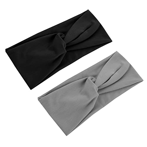 WLLHYF 2 x Turban-Stirnbänder für Frauen, breite Stirnbänder, Stretch-Turban, geknotete Haarbänder, modische Haarbänder für Mädchen, niedliches Haar-Accessoires, Yoga, Laufen, Sport (schwarz/grau) von WLLHYF