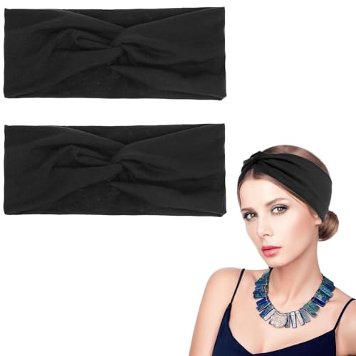 WLLHYF 2 x Turban-Stirnbänder für Frauen breite Stirnbänder Stretch-Turban geknotete Haarbänder modische Haarbänder für Mädchen niedliches Haar-Accessoires Yoga Laufen Sport (Schwarz) von WLLHYF