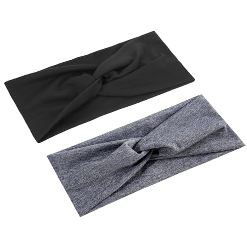 WLLHYF 2 x Turban-Stirnbänder für Frauen breite Stirnbänder Stretch-Turban geknotete Haarbänder modische Haarbänder für Mädchen niedliches Haar-Accessoires Yoga Laufen Sport (Dunkelgrau/Schwarz) von WLLHYF