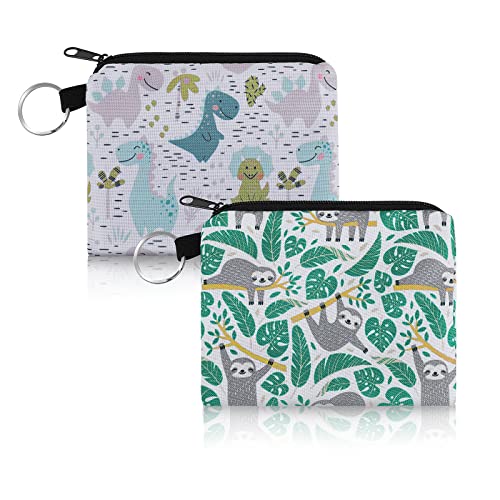 WLLHYF 2Stück kleine Kosmetiktasche Handtasche für Frauen Mini Geldbeutel Druck Segeltuch Tasche Reise Toilettenartikel Tasche Tier Dinosaurier Faultier Münze Geldbeutel Brieftasche (Muster 3) von WLLHYF