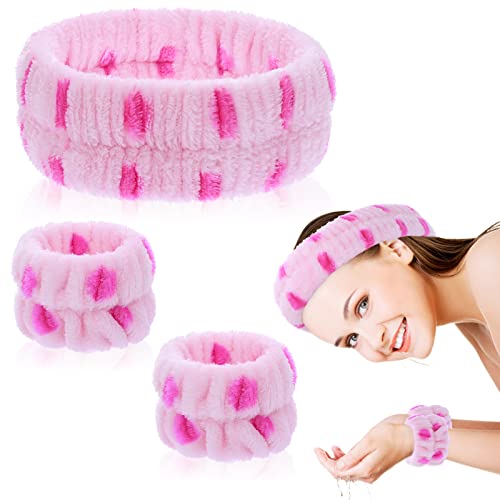 WLLHYF 3 STÜCKE Spa Stirnband und Gesichtswäsche Armbänder Hautpflege Stirnbänder Handtuch Haargummis Handgelenkbänder Handtücher Waschen für Frauen Mädchen (rosa Punkte) von WLLHYF