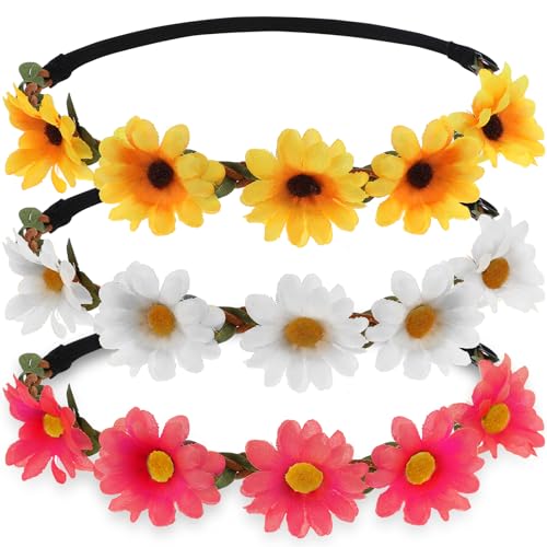 WLLHYF 3 Stück Gänseblümchen-Blumen-Stirnband, mehrfarbig, Blumenkrone, Stirnbänder, verstellbar, elastisches Haarband für Frauen, Mädchen, Damen, Festival, Hochzeit, Party, Waschen von WLLHYF