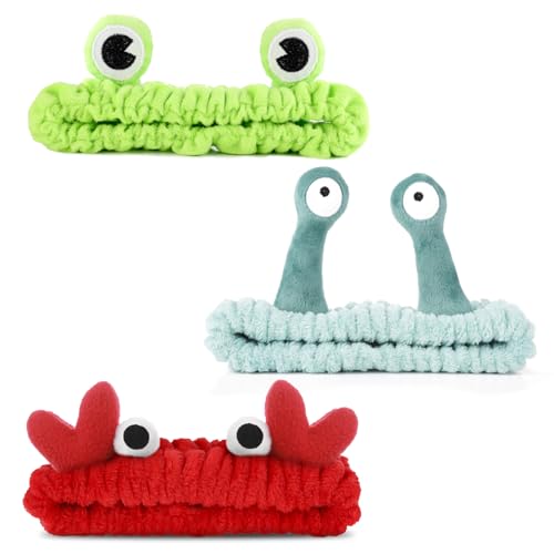 WLLHYF 3er-Pack Spa-Stirnband Gesichtswasch-Haarband Gesichts-Make-up-Kopfwickel Cartoon-elastisches Kopfband Niedlicher Frosch Schnecke Krabbe Duschstirnband Kreatives Haar-Accessoire für Hautpflege von WLLHYF