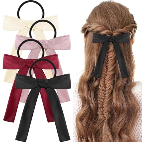 WLLHYF 4PCS Schleife Haargummi Satin Haarband Schleife Langer Schwanz Pferdeschwanzhalter Gummibänder Haargummis Französische Haarschalbänder Seil Prinzessin Haarschmuck für Frauen Mädchen von WLLHYF