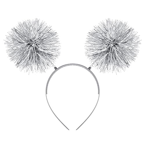 WLLHYF Folienstreifen Pom Pom Stirnband Lametta Mode Stirnband Flauschige Ball Haarschlaufe Cosplay Haarschmuck für Frauen Mädchen Weihnachten Party Geburtstag (Silber) von WLLHYF