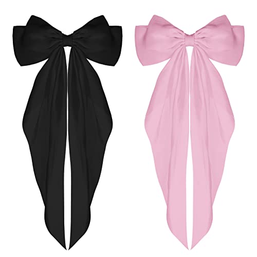 WLLHYF 2 Stück Haarspangen mit großer Schleife weicher seidiger Satin-Haarspange langer Schwanz französisches Band Haarnadeln 90er-Jahre Bowknot-Clips für Party Weihnachten Frauen (schwarz+rosa) von WLLHYF