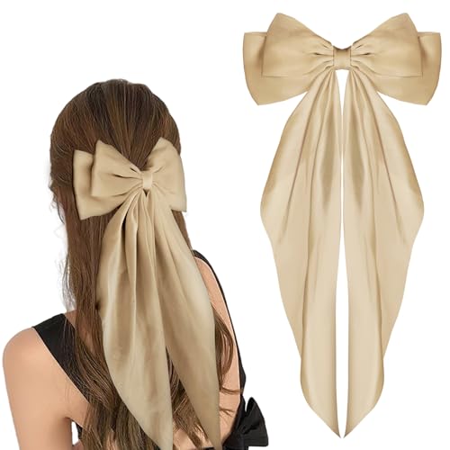 WLLHYF Haarspangen mit großer Schleife langer Schwanz französisches Band Haarnadeln weiche seidige Satin-Haarspange Metall-Bogenknoten-Clips Accessoires der 90er Jahre für Frauen Mädchen (Khaki) von WLLHYF