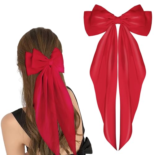WLLHYF Haarspangen mit großer Schleife langer Schwanz französisches Band Haarnadeln weiche seidige Satin-Haarspange Metall-Bogenknoten-Clips Accessoires der 90er Jahre für Frauen Mädchen (Rot 2) von WLLHYF