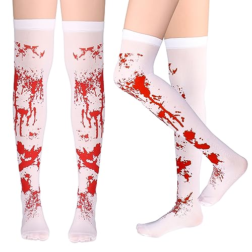 WLLHYF Halloween Blutige Strümpfe Cosplay Hohe Socken Weiße und Rote Blutbefleckte Kostümstrümpfe Horror Overknee Oberschenkel Lange Strümpfe für Frauen Mädchen Halloween Party Cosplay von WLLHYF