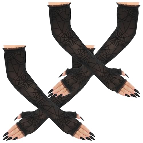 WLLHYF Halloween Fingerlose Handschuhe für Damen Schwarze Ellenbogen Spinnennetz Spitze Armstulpen Elegant Lang Mesh Armbezüge für Kostüm Cosplay Karneval Operngala Anzieh Party Zubehör von WLLHYF