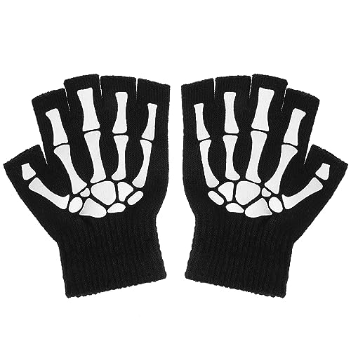 WLLHYF Halloween-Skelett-Handschuhe Totenkopf-Knochen-Halbfinger-Handschuhe Leuchtet im Dunkeln Halloween-Kostüm-Zubehör für Männer Frauen Kinder Kostüm Cosplay von WLLHYF