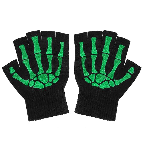 WLLHYF Halloween-Skelett-Handschuhe Totenkopf-Knochen-Halbfinger-Handschuhe Leuchtet im Dunkeln Halloween-Kostüm-Zubehör für Männer Frauen Kinder Kostüm Cosplay von WLLHYF